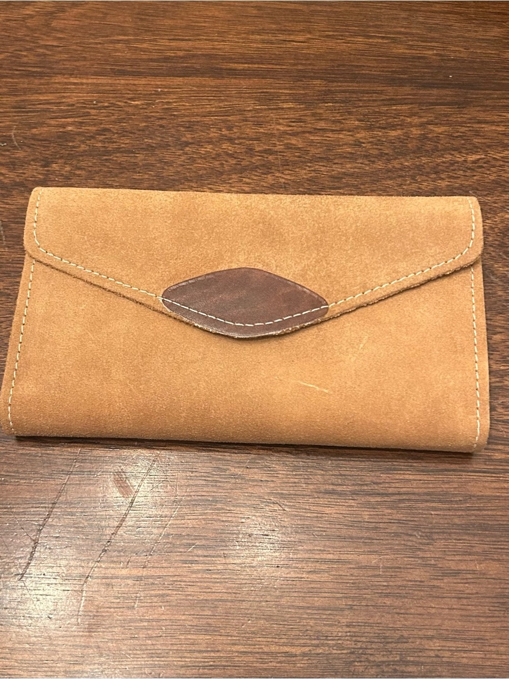 Vintage Tan Suede Leather Envelope Wallet with Brown Accent